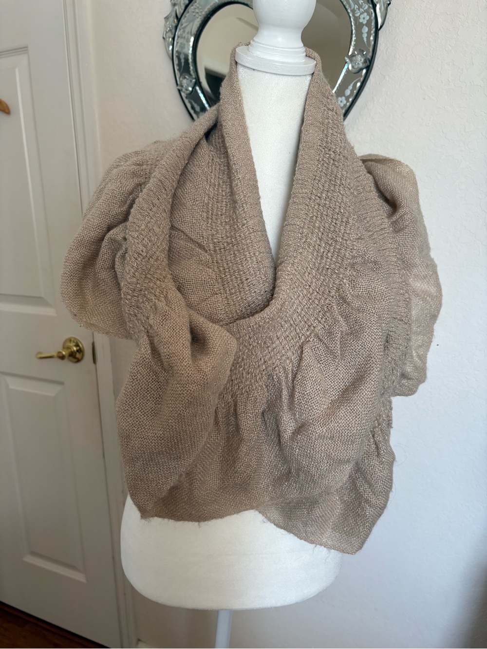 Express Beige With Gold Threading Ruffle-Trim Infinity Scarf - Picture 2 of 6